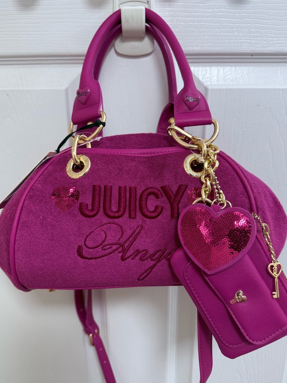 NWT Juicy Couture Juicy Angel Satchel in Raspberry w Heart Charm & Coin Purse